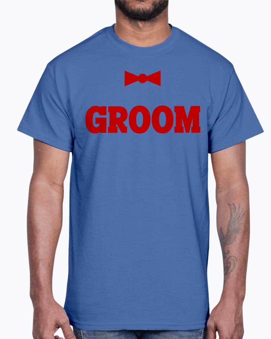 Groom Bridal and Wedding Cotton Tee displayed on a hanger, showcasing its classic fit and soft fabric.