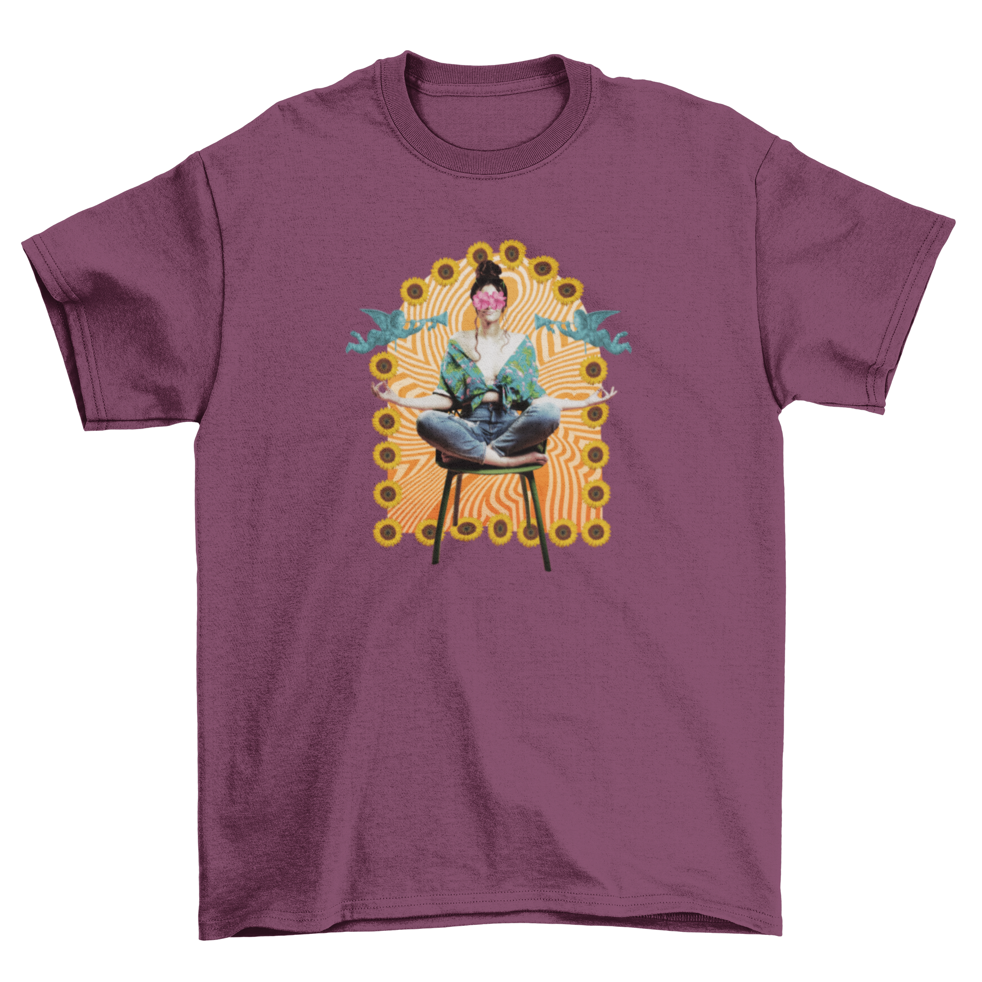 A vibrant t-shirt featuring a girl meditating with a colorful groovy background and sunflowers.