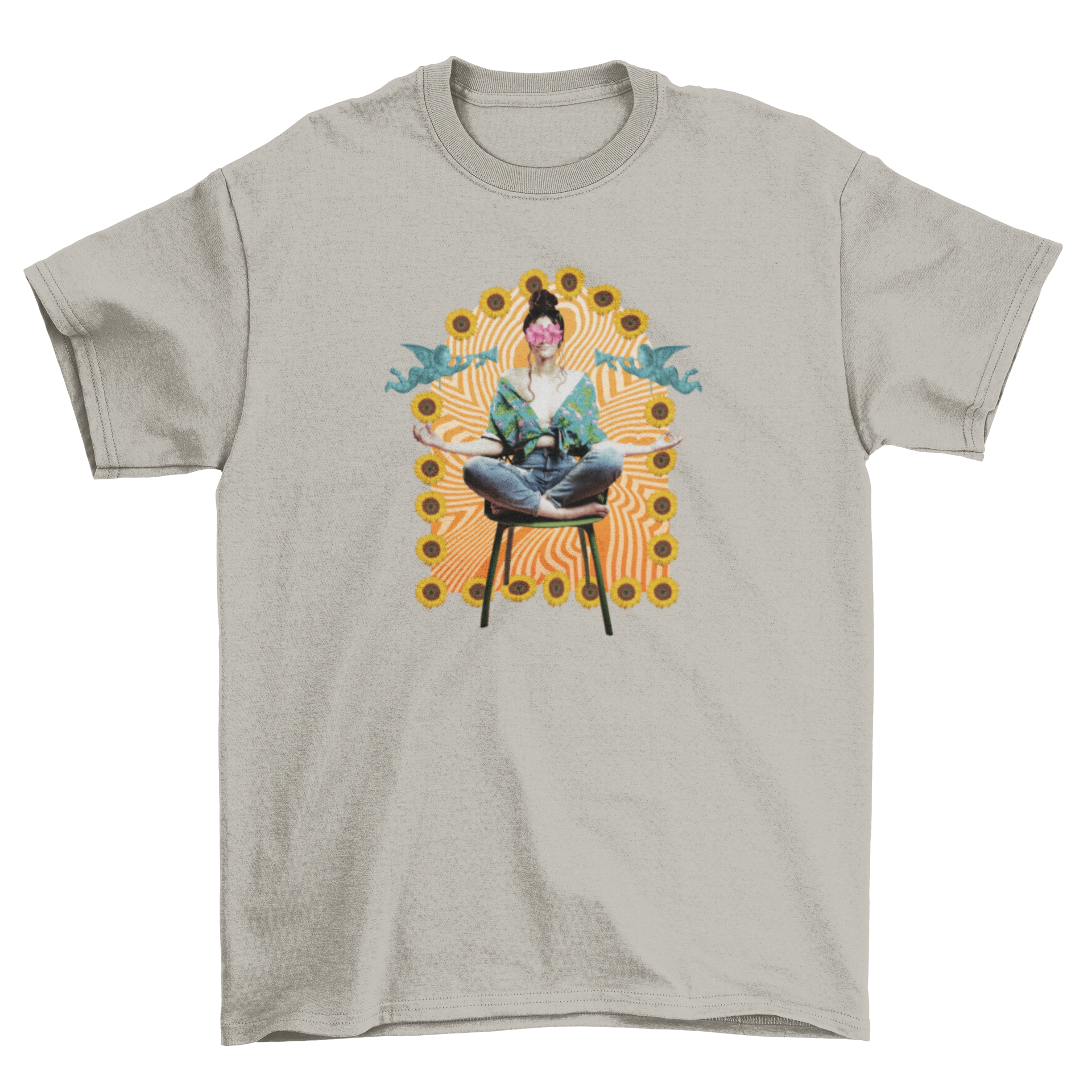 A vibrant t-shirt featuring a girl meditating with a colorful groovy background and sunflowers.