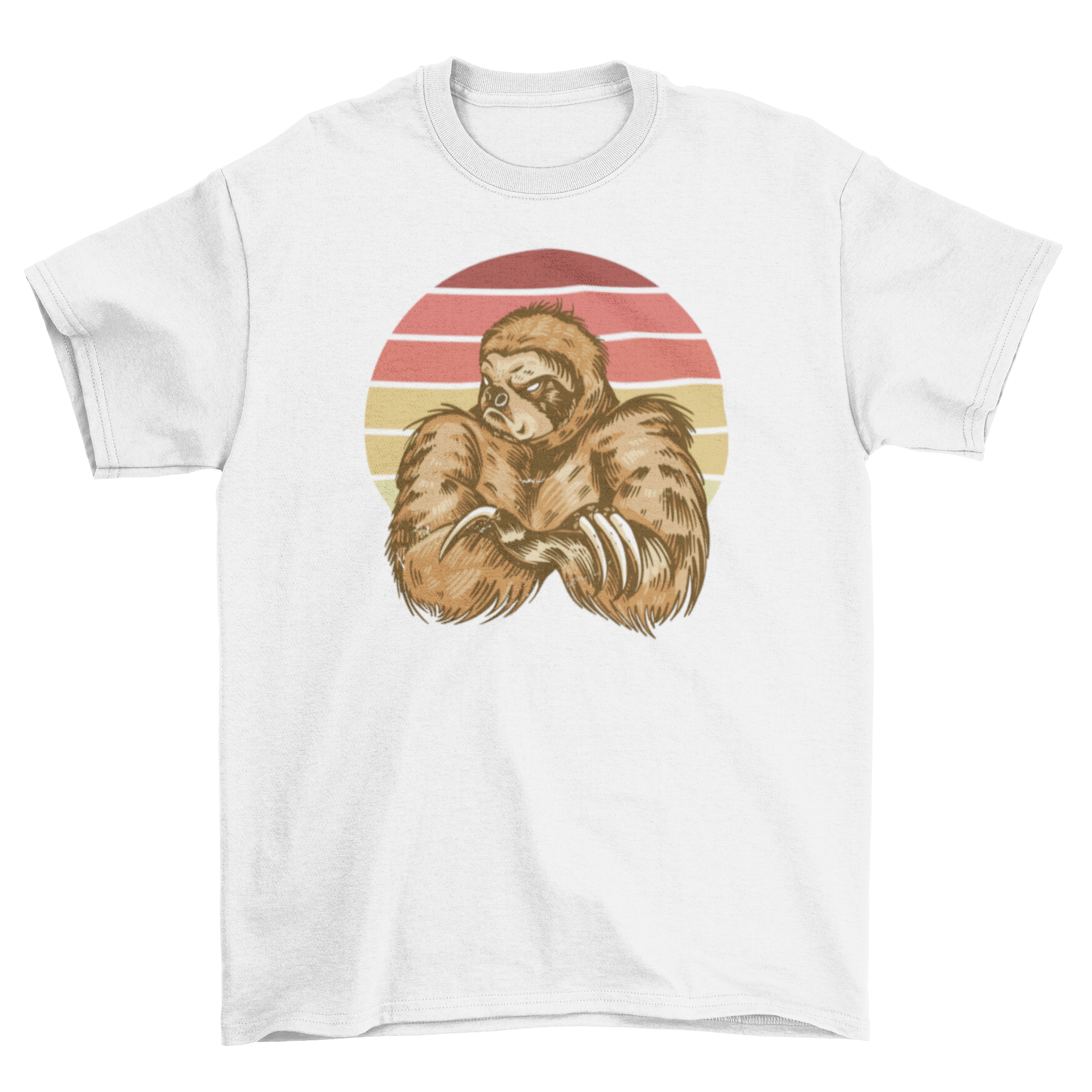 A grumpy sloth with crossed arms in front of a colorful retro sunset background on a t-shirt.