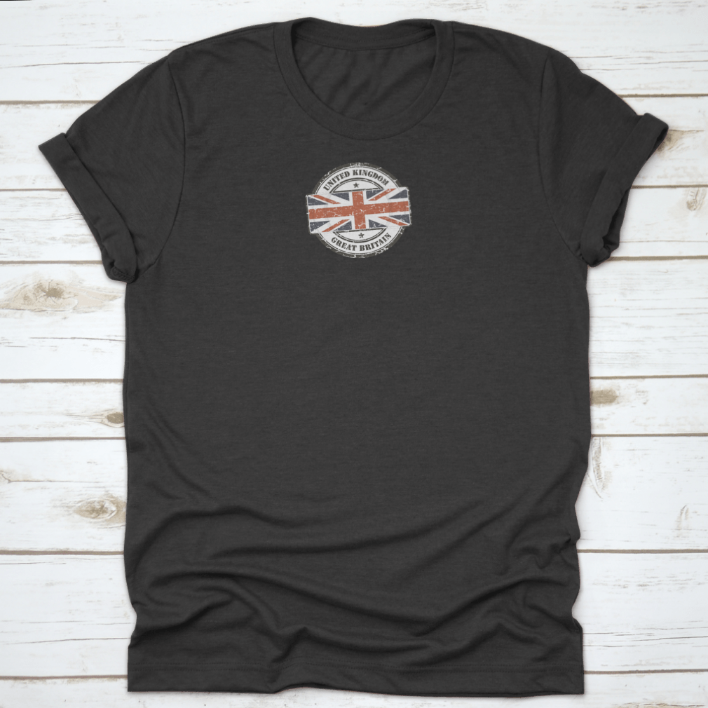 Grunge Circular Stamp Shirt featuring the British flag on a white background, showcasing a stylish and comfortable design.