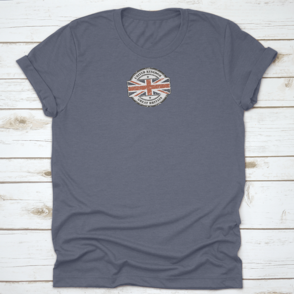 Grunge Circular Stamp Shirt featuring the British flag on a white background, showcasing a stylish and comfortable design.