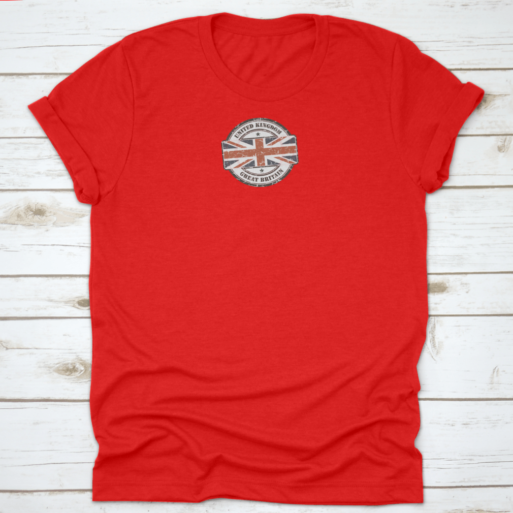 Grunge Circular Stamp Shirt featuring the British flag on a white background, showcasing a stylish and comfortable design.