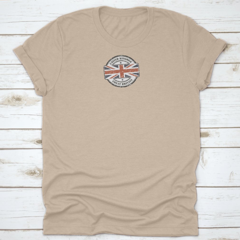 Grunge Circular Stamp Shirt featuring the British flag on a white background, showcasing a stylish and comfortable design.