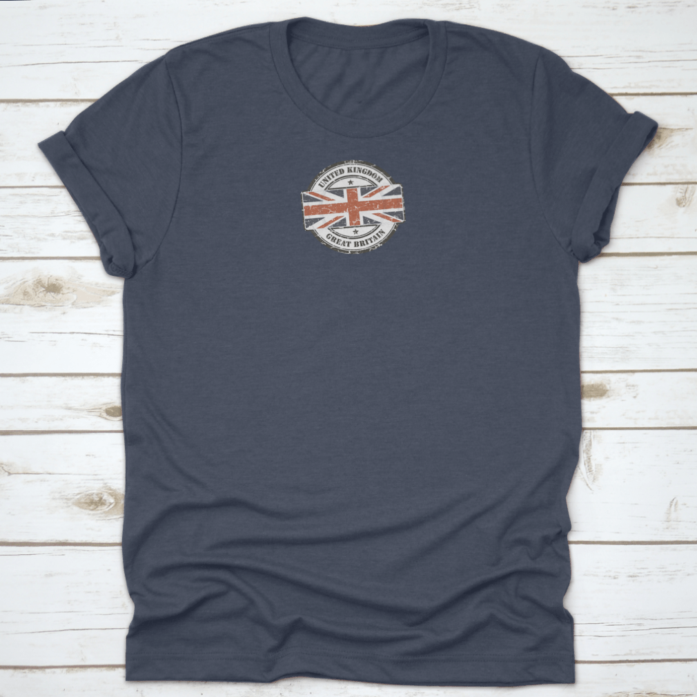 Grunge Circular Stamp Shirt featuring the British flag on a white background, showcasing a stylish and comfortable design.