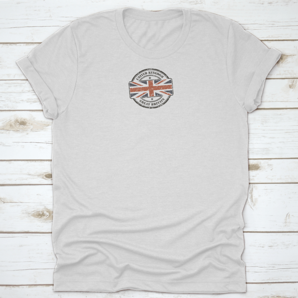 Grunge Circular Stamp Shirt featuring the British flag on a white background, showcasing a stylish and comfortable design.