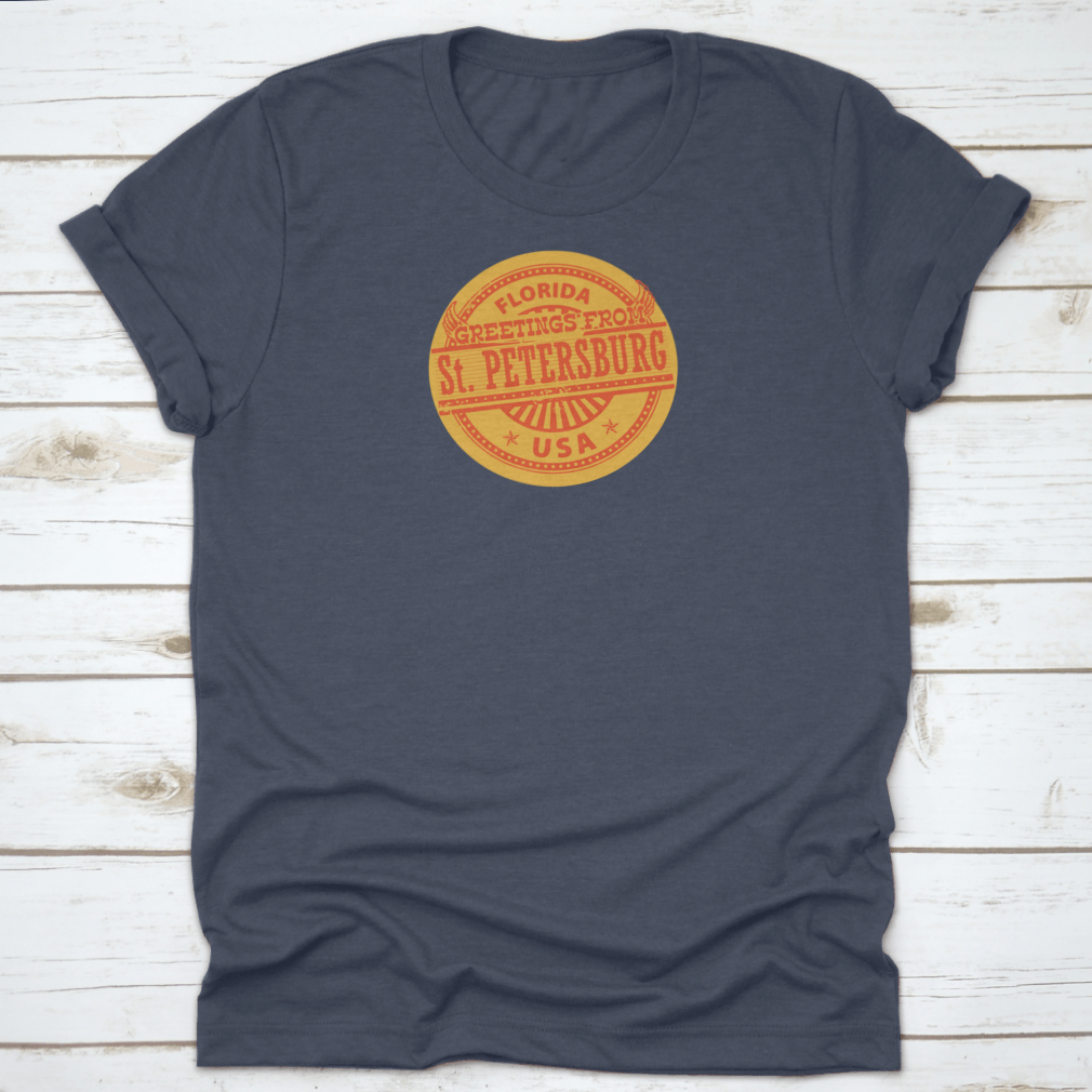 Grunge Color Stamp T-shirt featuring 'Greetings From St. Petersburg, Florida' in vibrant colors on a soft cotton fabric.