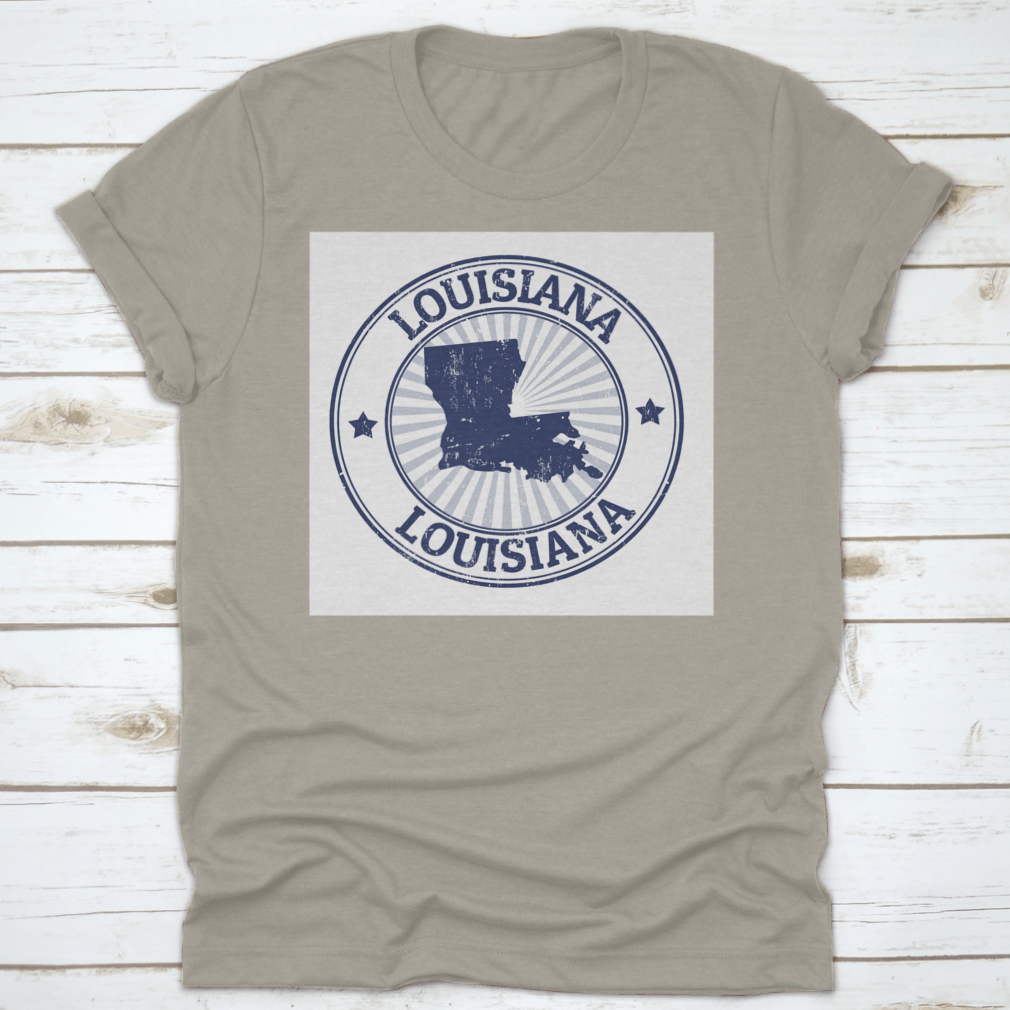 Grunge illustration stamp featuring Louisiana typography and state map design on a cotton fabric.