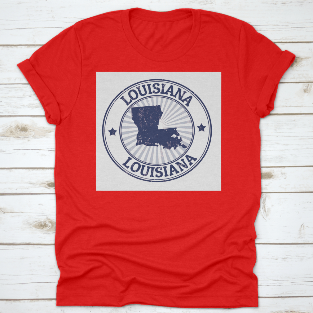 Grunge illustration stamp featuring Louisiana typography and state map design on a cotton fabric.