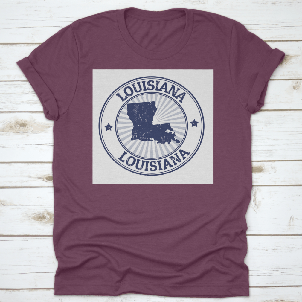 Grunge illustration stamp featuring Louisiana typography and state map design on a cotton fabric.
