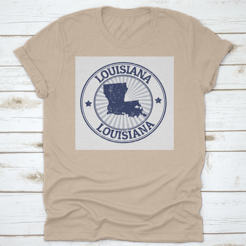 Grunge illustration stamp featuring Louisiana typography and state map design on a cotton fabric.