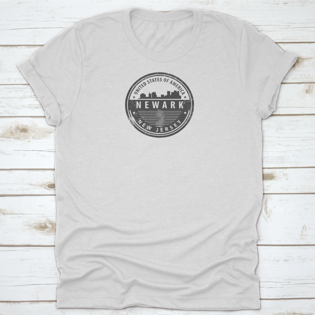 Grunge rubber map stamp featuring Newark cityscape vector design, showcasing iconic buildings and skyline details.