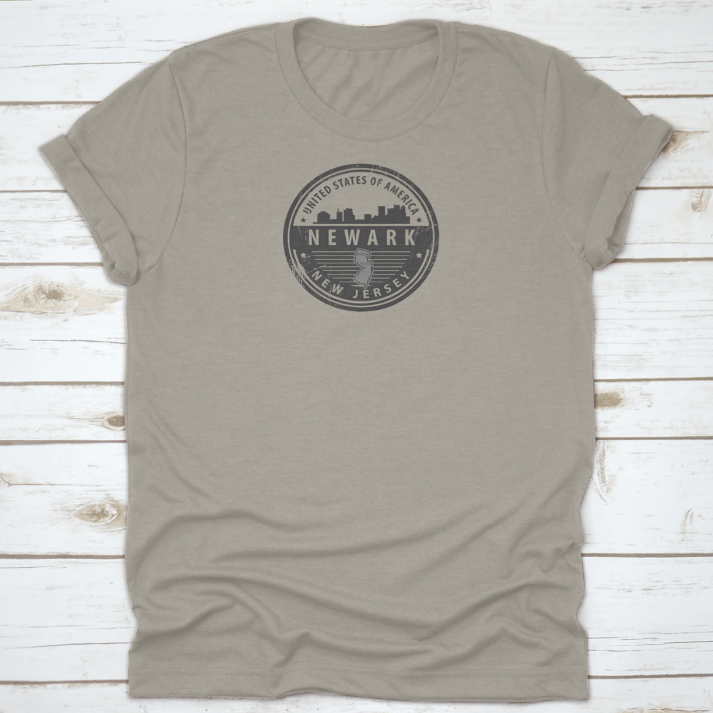 Grunge rubber map stamp featuring Newark cityscape vector design, showcasing iconic buildings and skyline details.