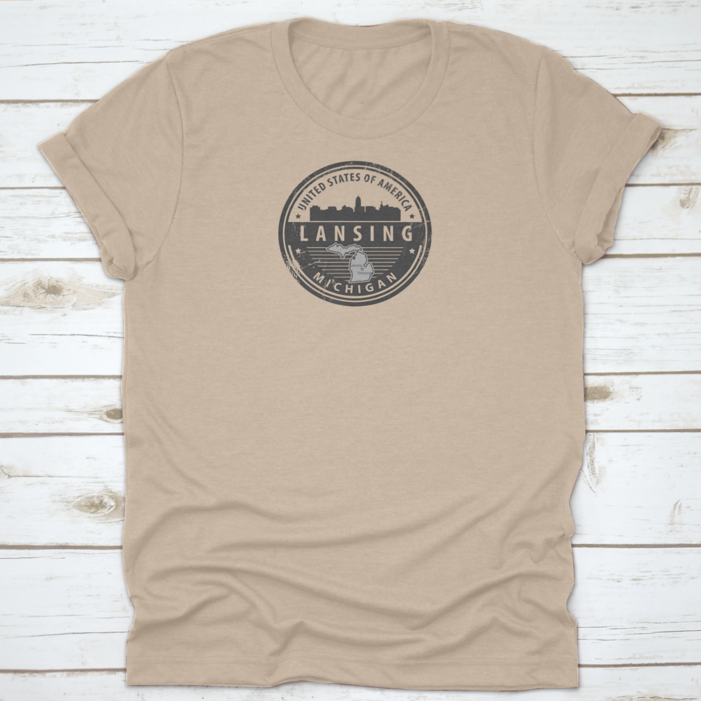 Grunge rubber stamp featuring the name Lansing, Michigan, ideal for arts and crafts projects.