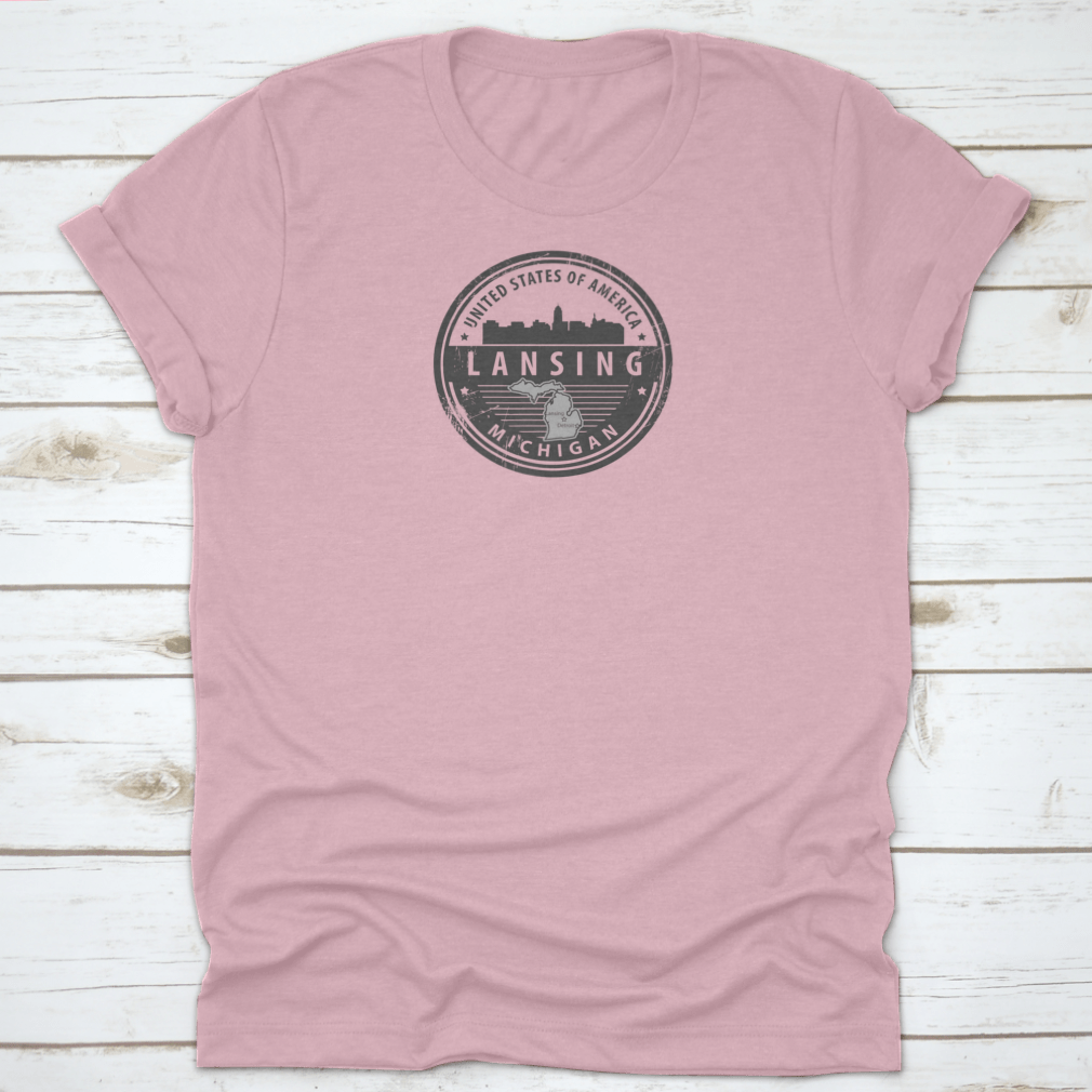 Grunge rubber stamp featuring the name Lansing, Michigan, ideal for arts and crafts projects.