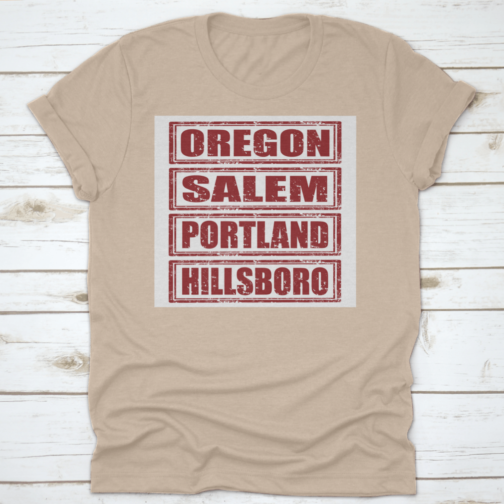 Grunge rubber stamps featuring the names of Oregon cities including Salem, Portland, and Hillsboro, designed for crafting.