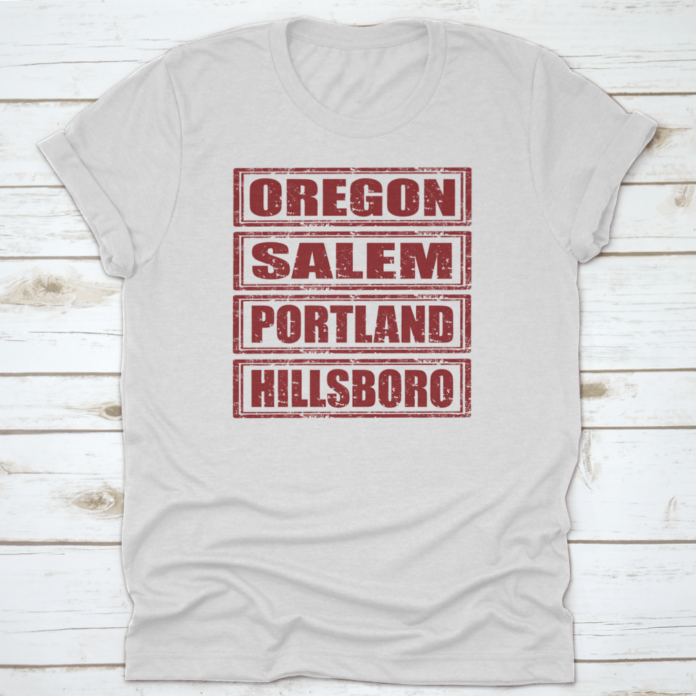 Grunge rubber stamps featuring the names of Oregon cities including Salem, Portland, and Hillsboro, designed for crafting.