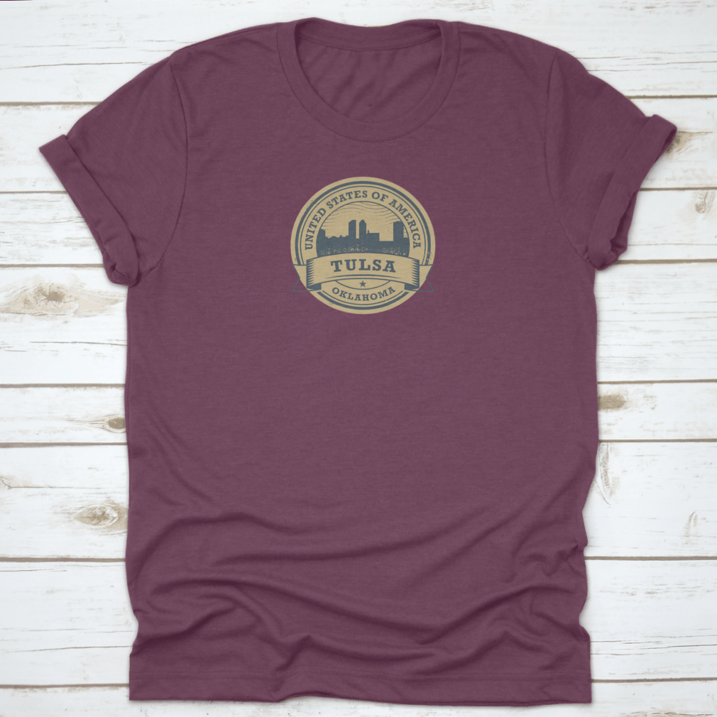 Vintage Grunge Rubber USA Skyline Stamp Label featuring the iconic skyline of Tulsa, Oklahoma, designed for style and comfort.