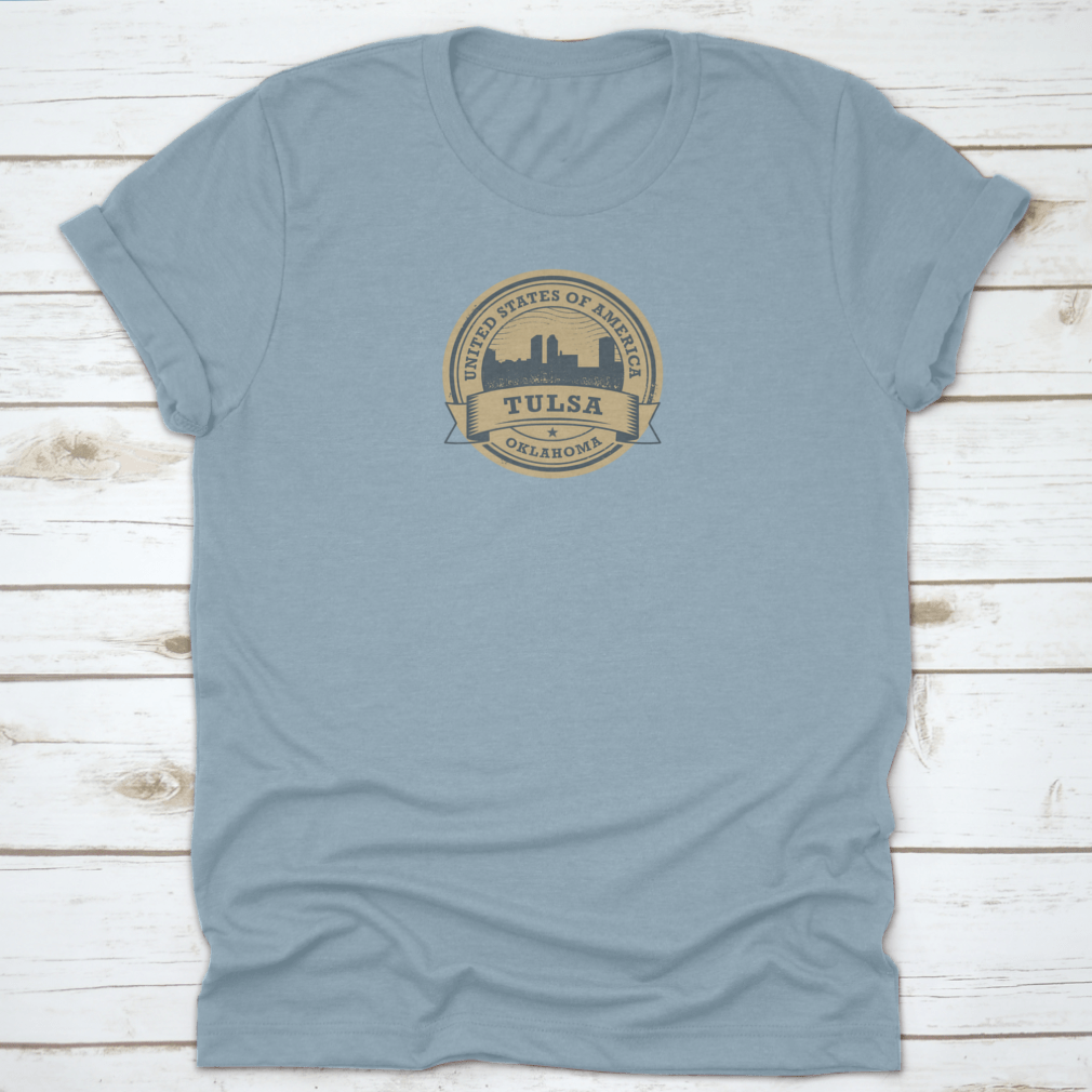 Vintage Grunge Rubber USA Skyline Stamp Label featuring the iconic skyline of Tulsa, Oklahoma, designed for style and comfort.