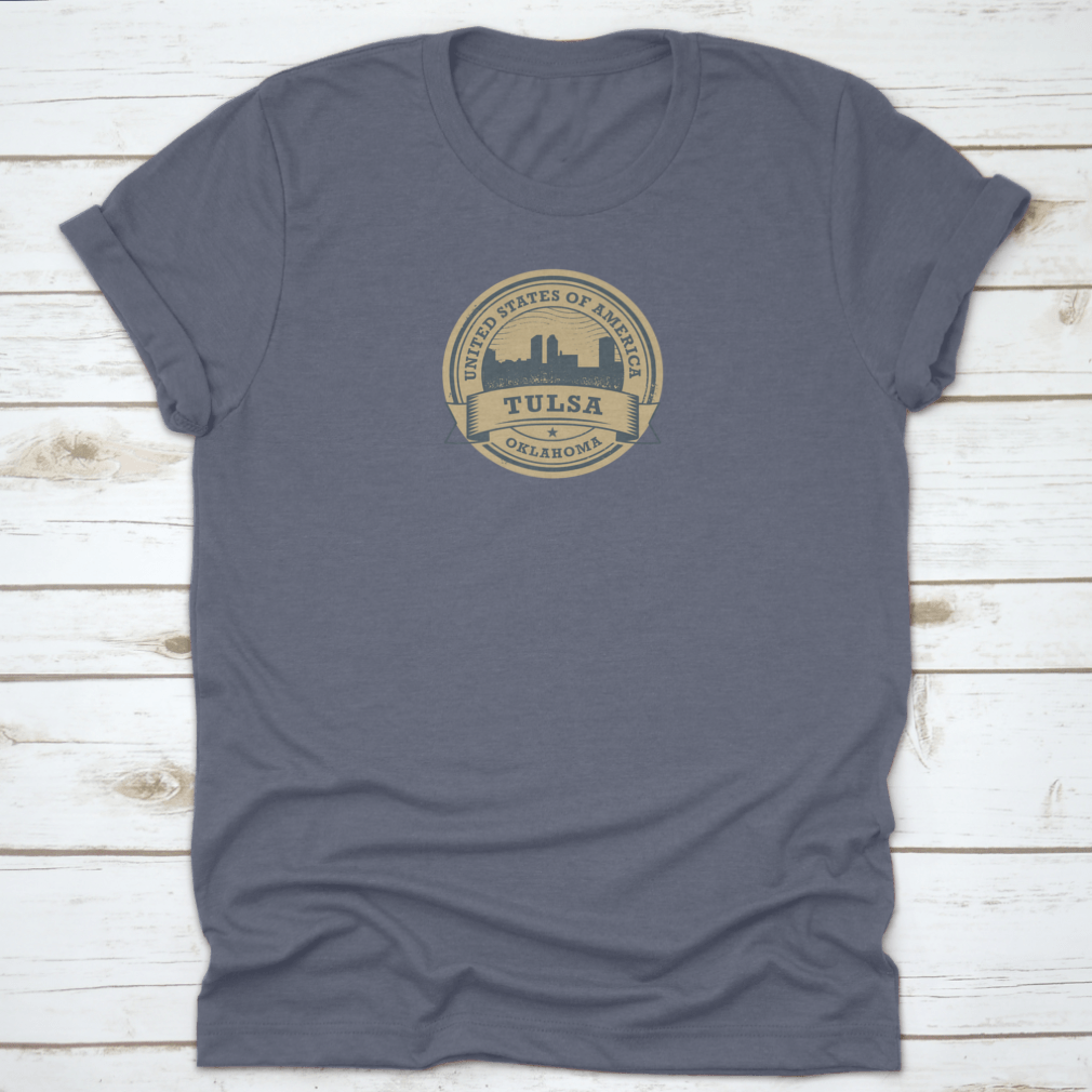 Vintage Grunge Rubber USA Skyline Stamp Label featuring the iconic skyline of Tulsa, Oklahoma, designed for style and comfort.