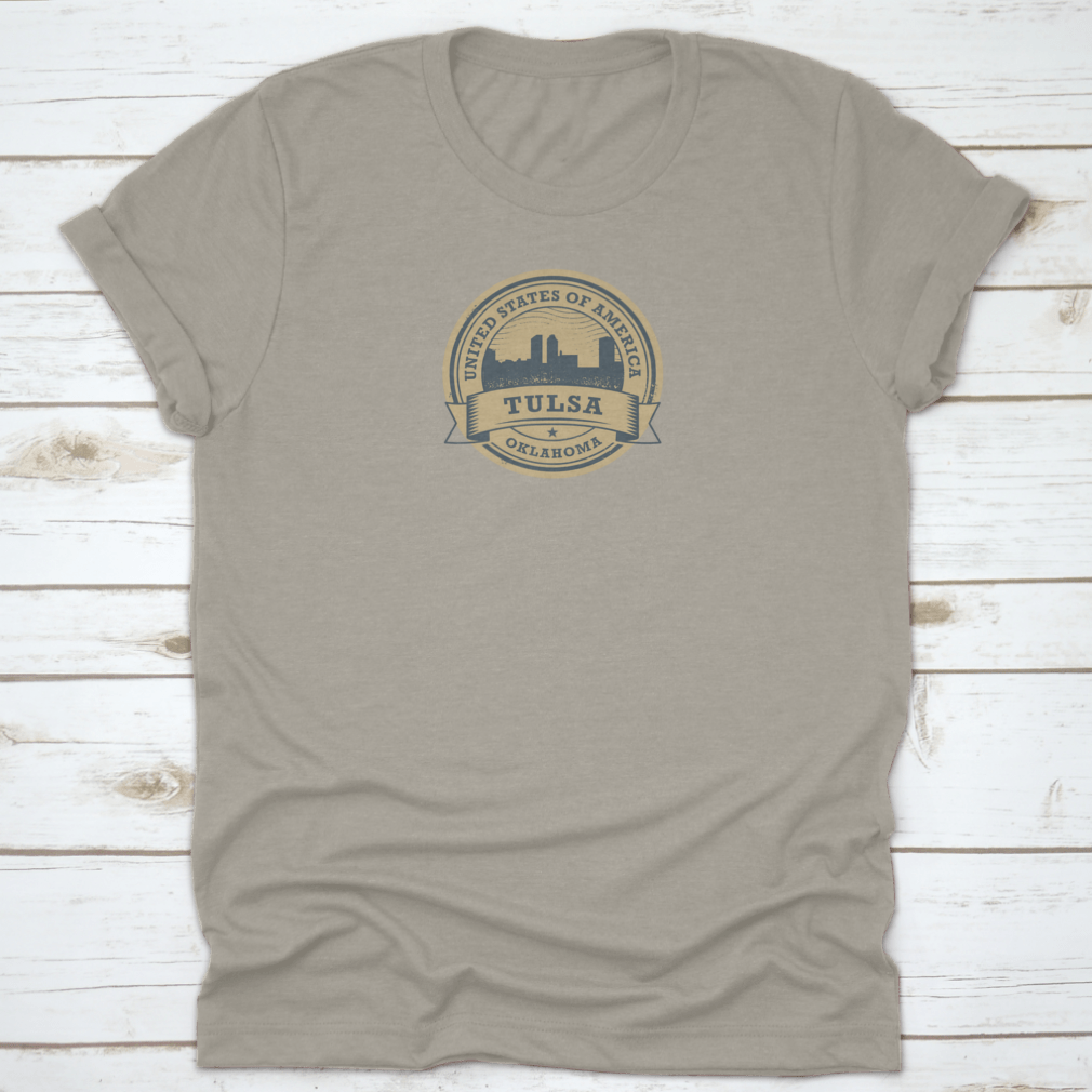 Vintage Grunge Rubber USA Skyline Stamp Label featuring the iconic skyline of Tulsa, Oklahoma, designed for style and comfort.