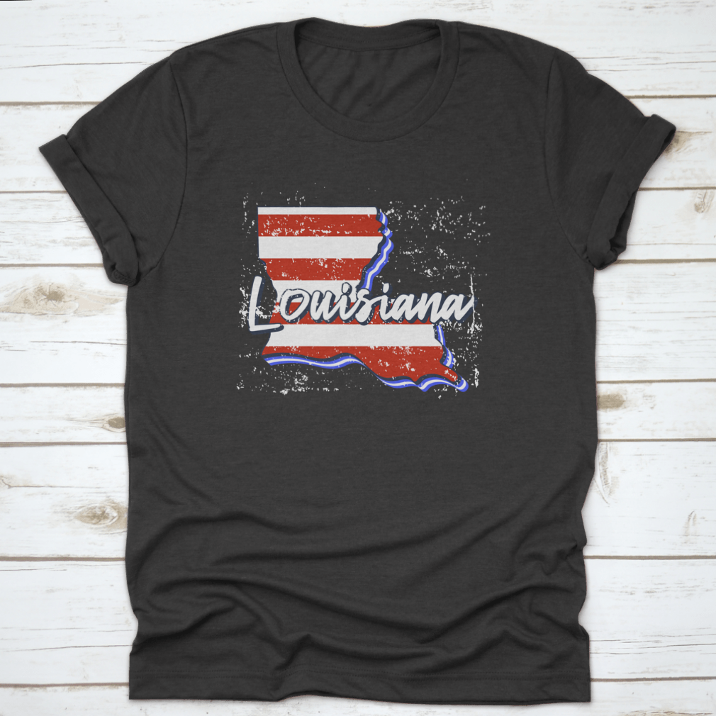 Grunge style American flag design over Louisiana state map, showcasing a unique blend of patriotism and artistic flair.