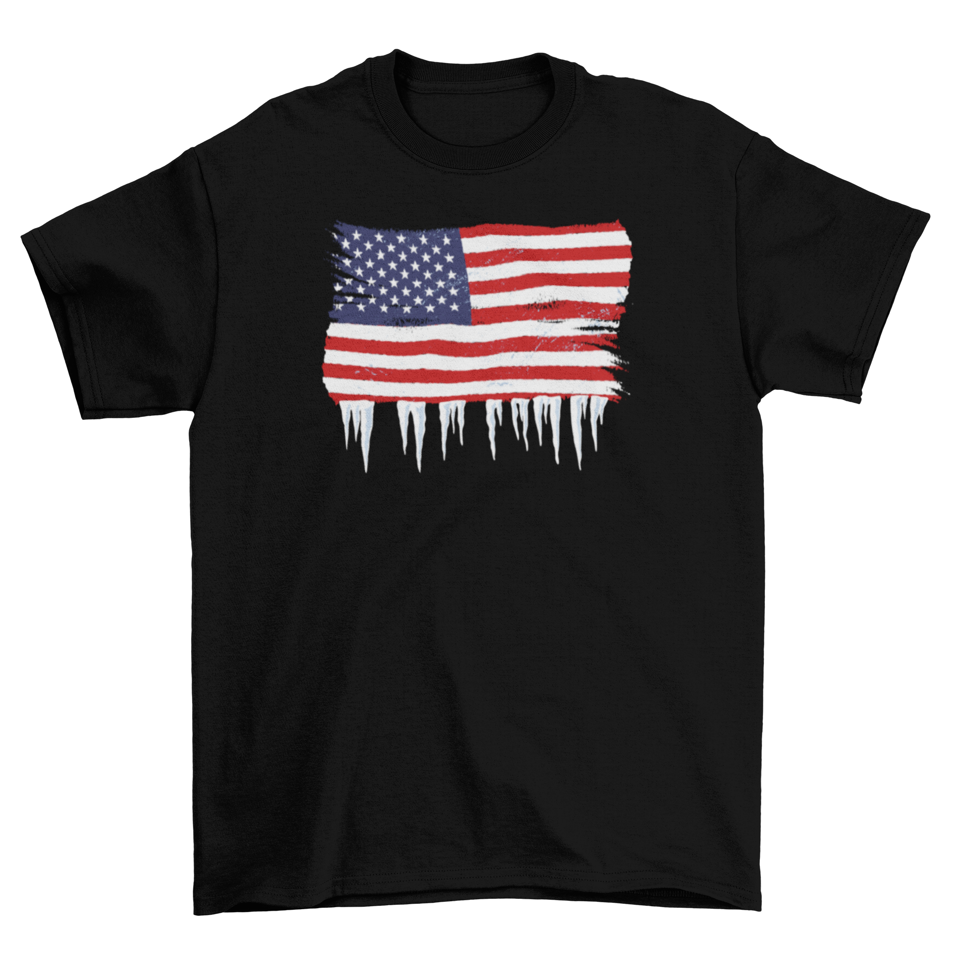 Grunge USA iced flag t-shirt featuring a distressed American flag design with ice details at the bottom.