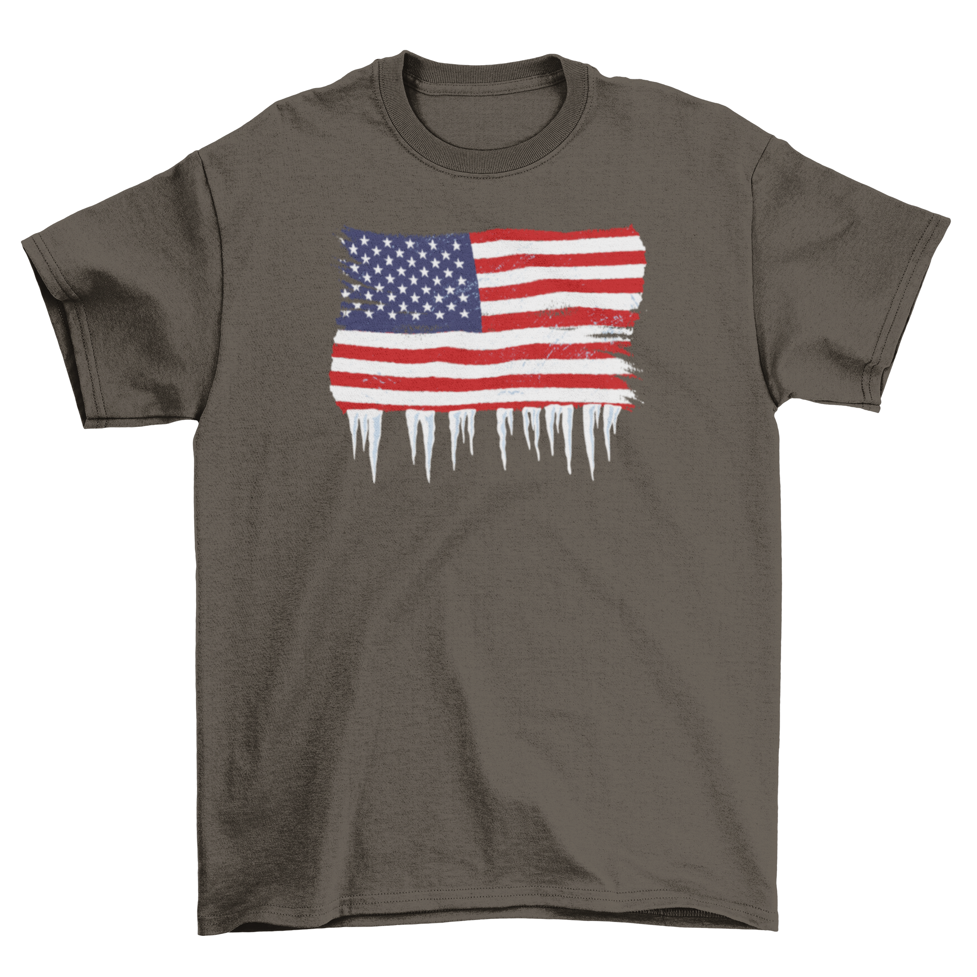 Grunge USA iced flag t-shirt featuring a distressed American flag design with ice details at the bottom.