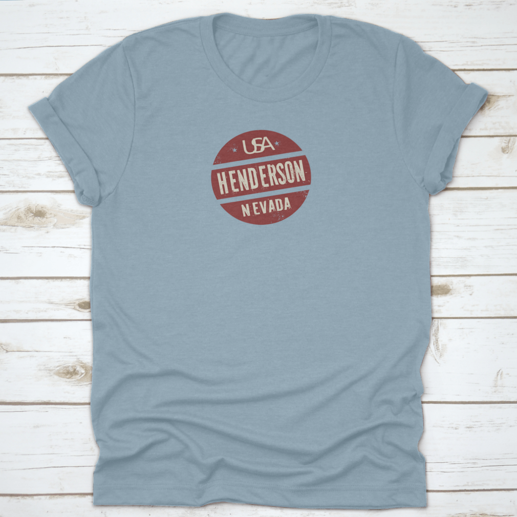 Grunge Vintage Round Stamp featuring Henderson, Nevada text on a soft cotton shirt, showcasing a stylish and casual design.