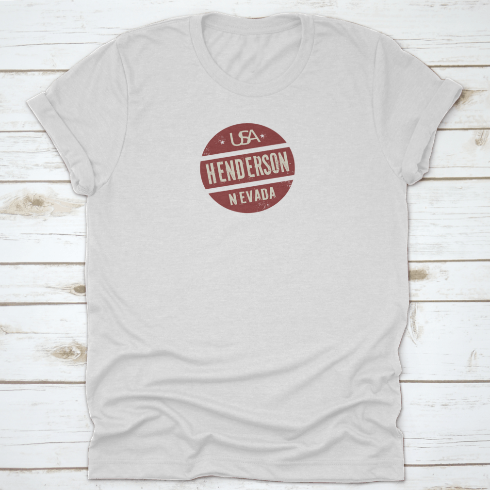 Grunge Vintage Round Stamp featuring Henderson, Nevada text on a soft cotton shirt, showcasing a stylish and casual design.