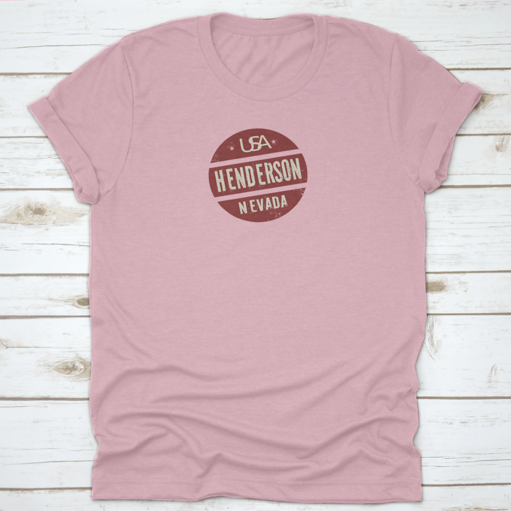 Grunge Vintage Round Stamp featuring Henderson, Nevada text on a soft cotton shirt, showcasing a stylish and casual design.