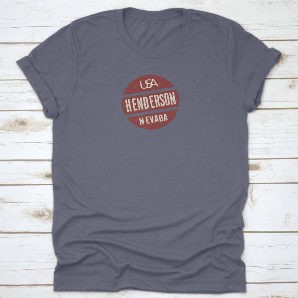 Grunge Vintage Round Stamp featuring Henderson, Nevada text on a soft cotton shirt, showcasing a stylish and casual design.