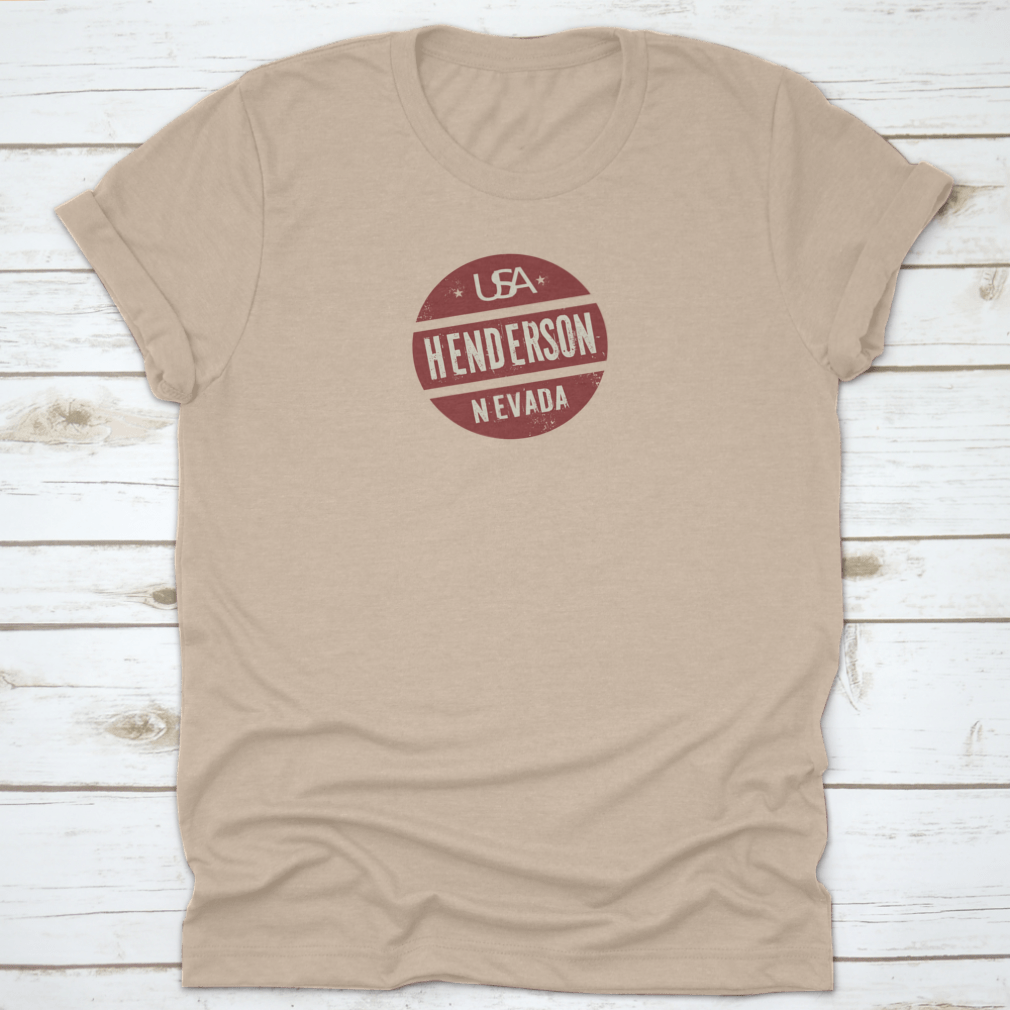 Grunge Vintage Round Stamp featuring Henderson, Nevada text on a soft cotton shirt, showcasing a stylish and casual design.
