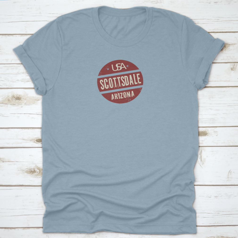 Grunge Vintage Round Stamp shirt featuring Scottsdale, Arizona text, showcasing a stylish design on a comfortable cotton fabric.