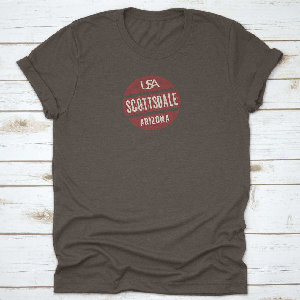 Grunge Vintage Round Stamp shirt featuring Scottsdale, Arizona text, showcasing a stylish design on a comfortable cotton fabric.
