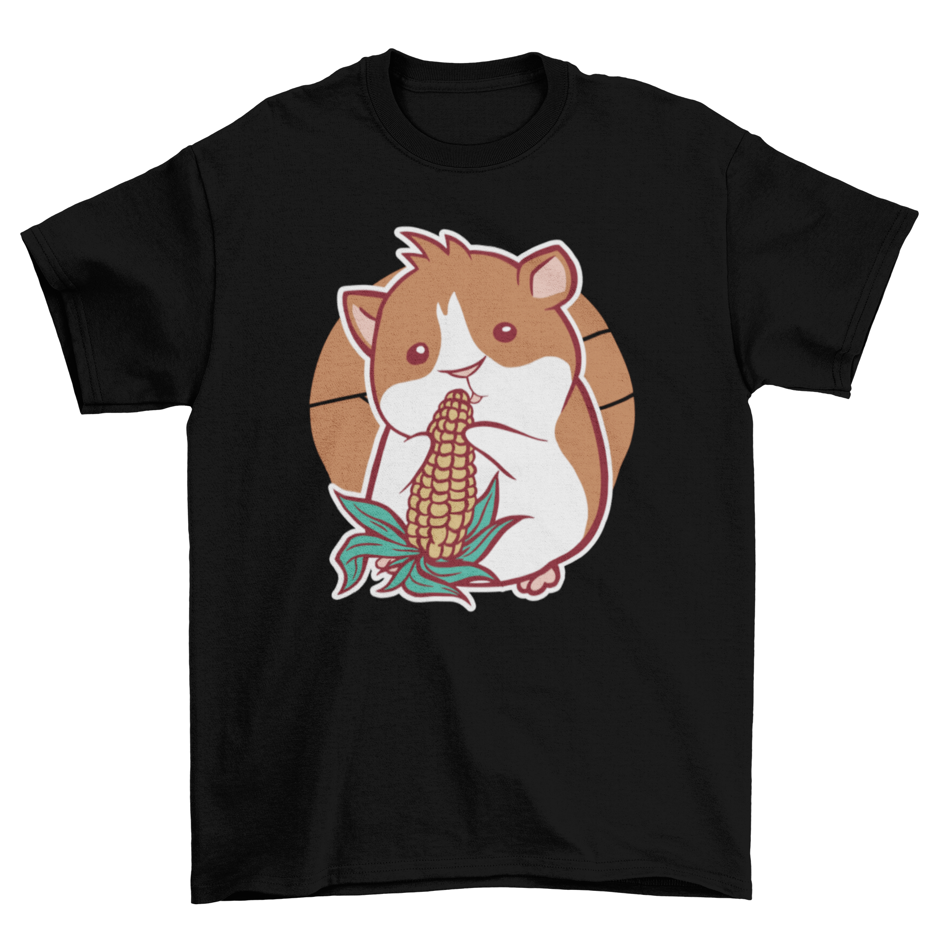 A cute t-shirt featuring a guinea pig happily eating corn, showcasing a playful design for animal lovers.