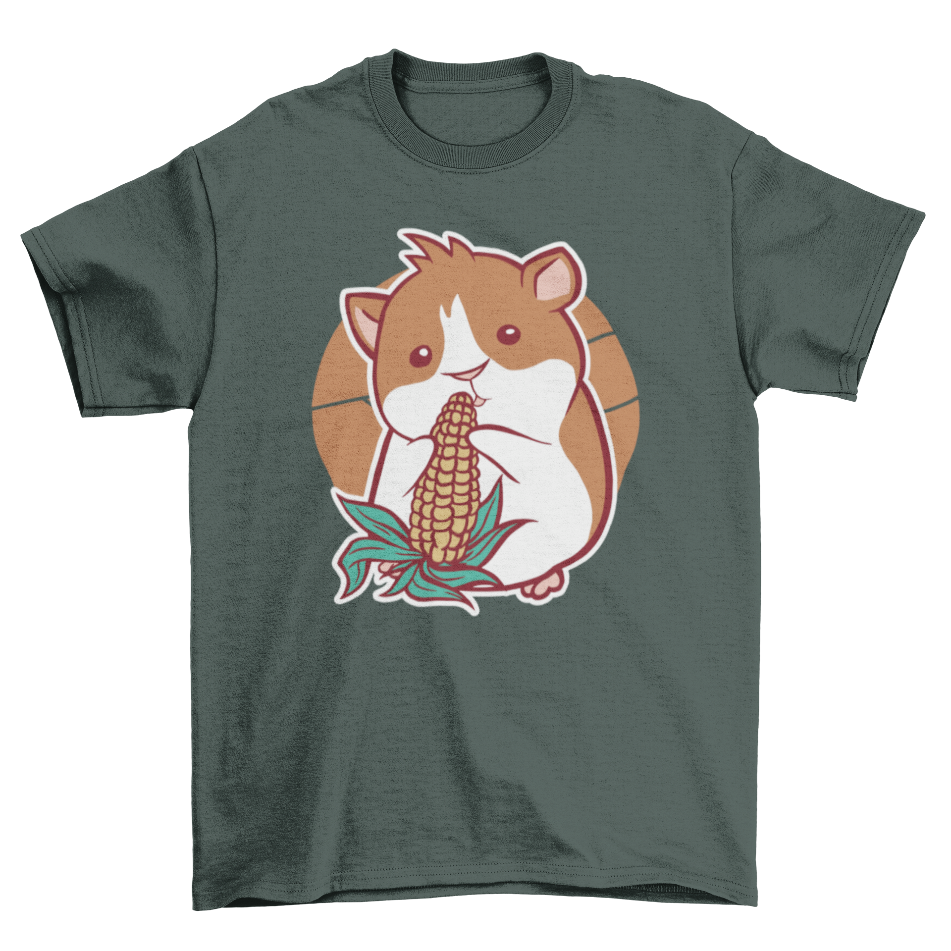 A cute t-shirt featuring a guinea pig happily eating corn, showcasing a playful design for animal lovers.