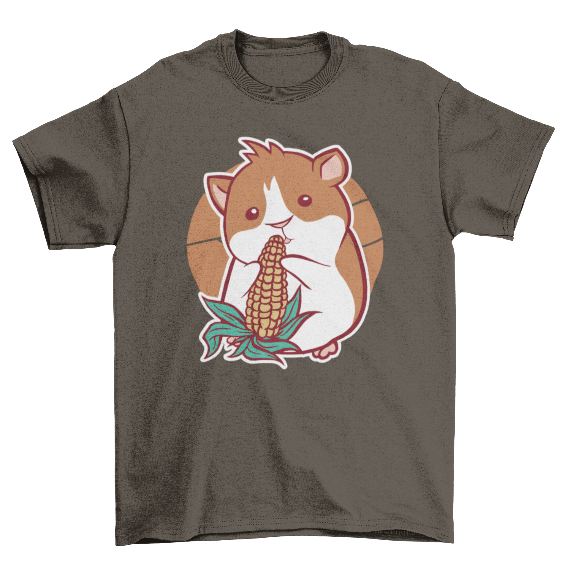 A cute t-shirt featuring a guinea pig happily eating corn, showcasing a playful design for animal lovers.