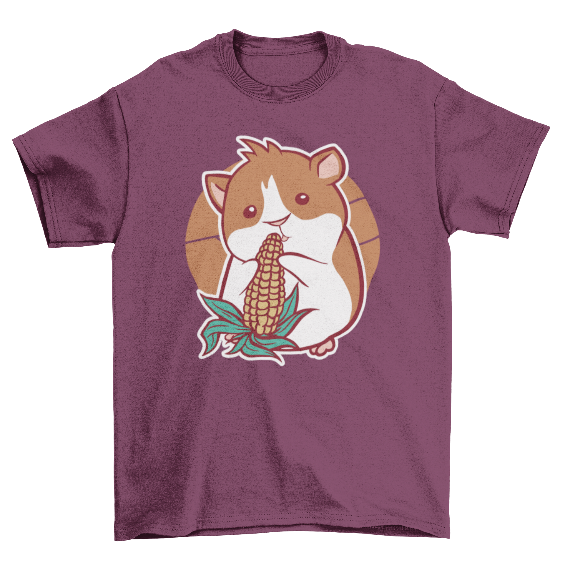 A cute t-shirt featuring a guinea pig happily eating corn, showcasing a playful design for animal lovers.