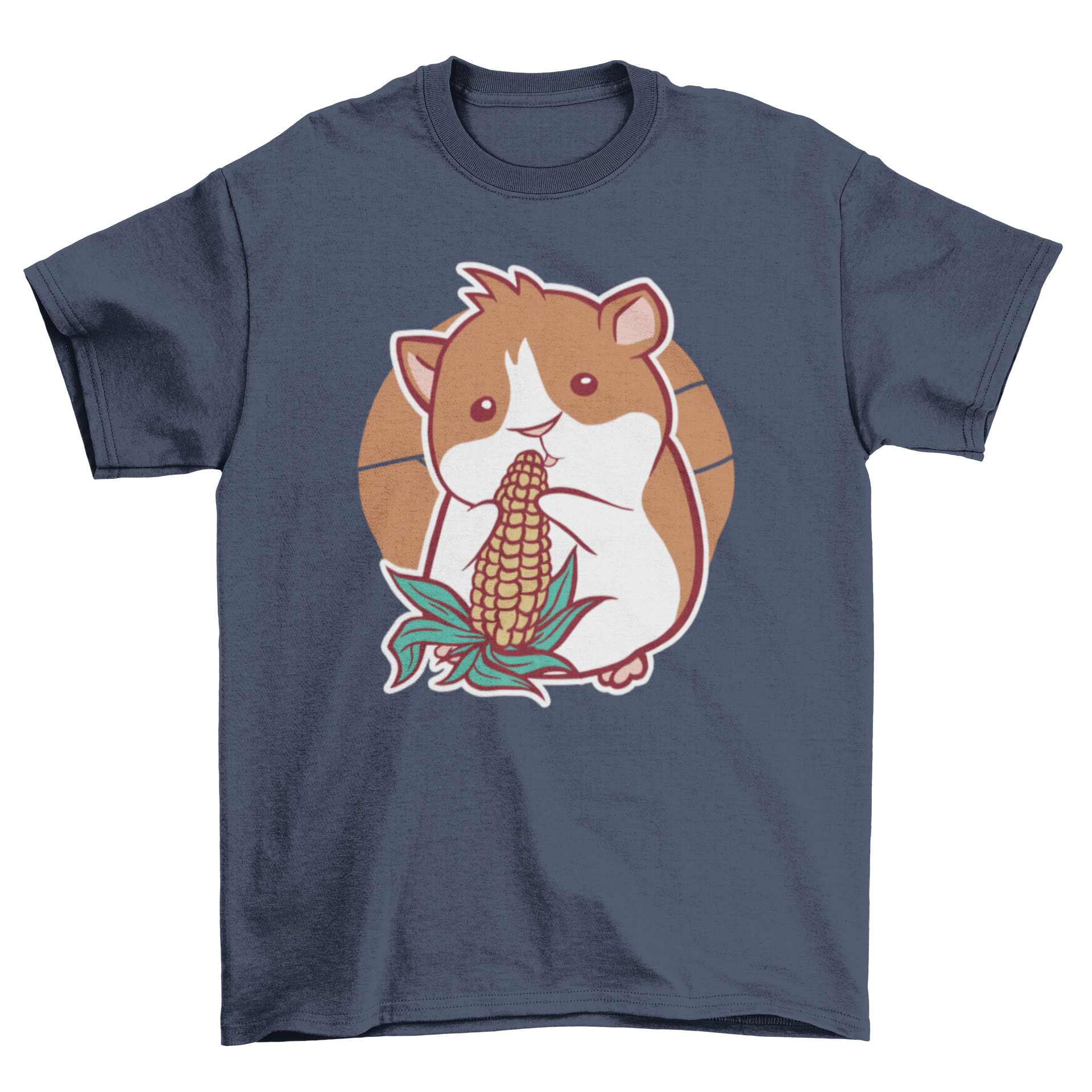 A cute t-shirt featuring a guinea pig happily eating corn, showcasing a playful design for animal lovers.