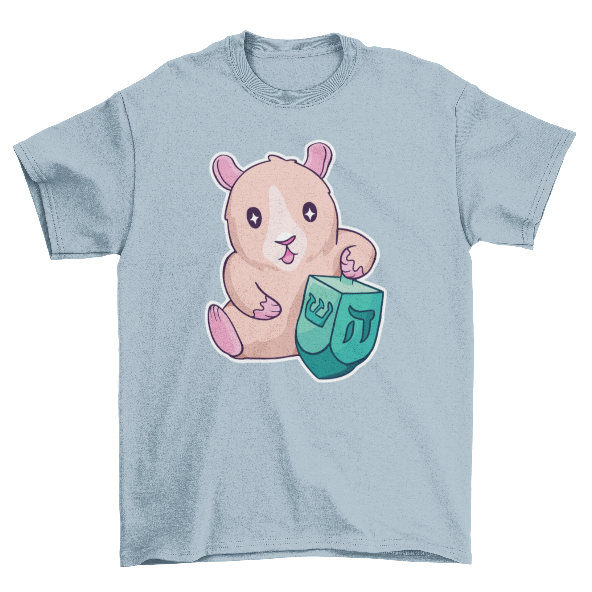 A cute guinea pig joyfully playing with a dreidl, perfect for festive T-shirt designs.