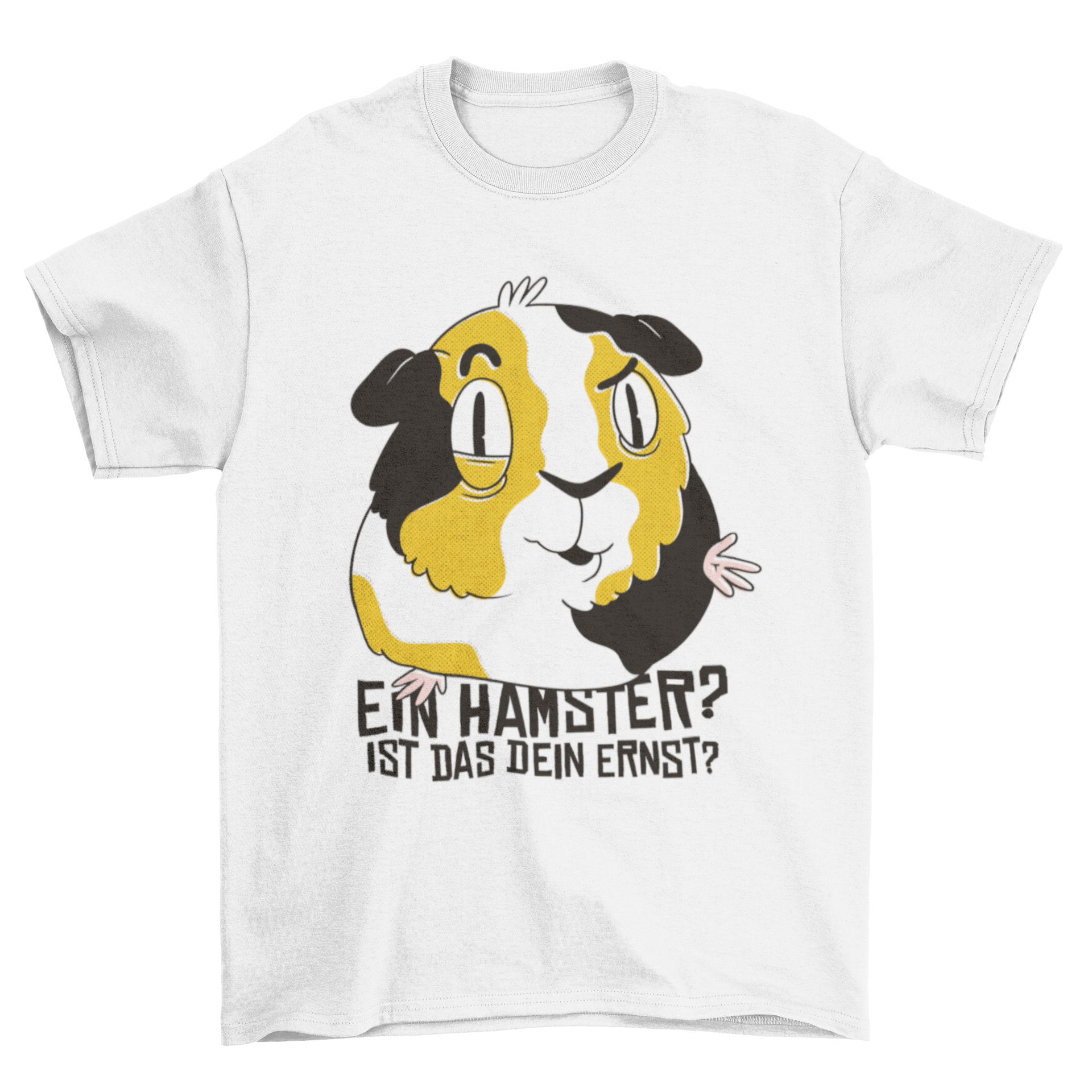 Cute t-shirt featuring a guinea pig illustration and a humorous German quote about hamsters.