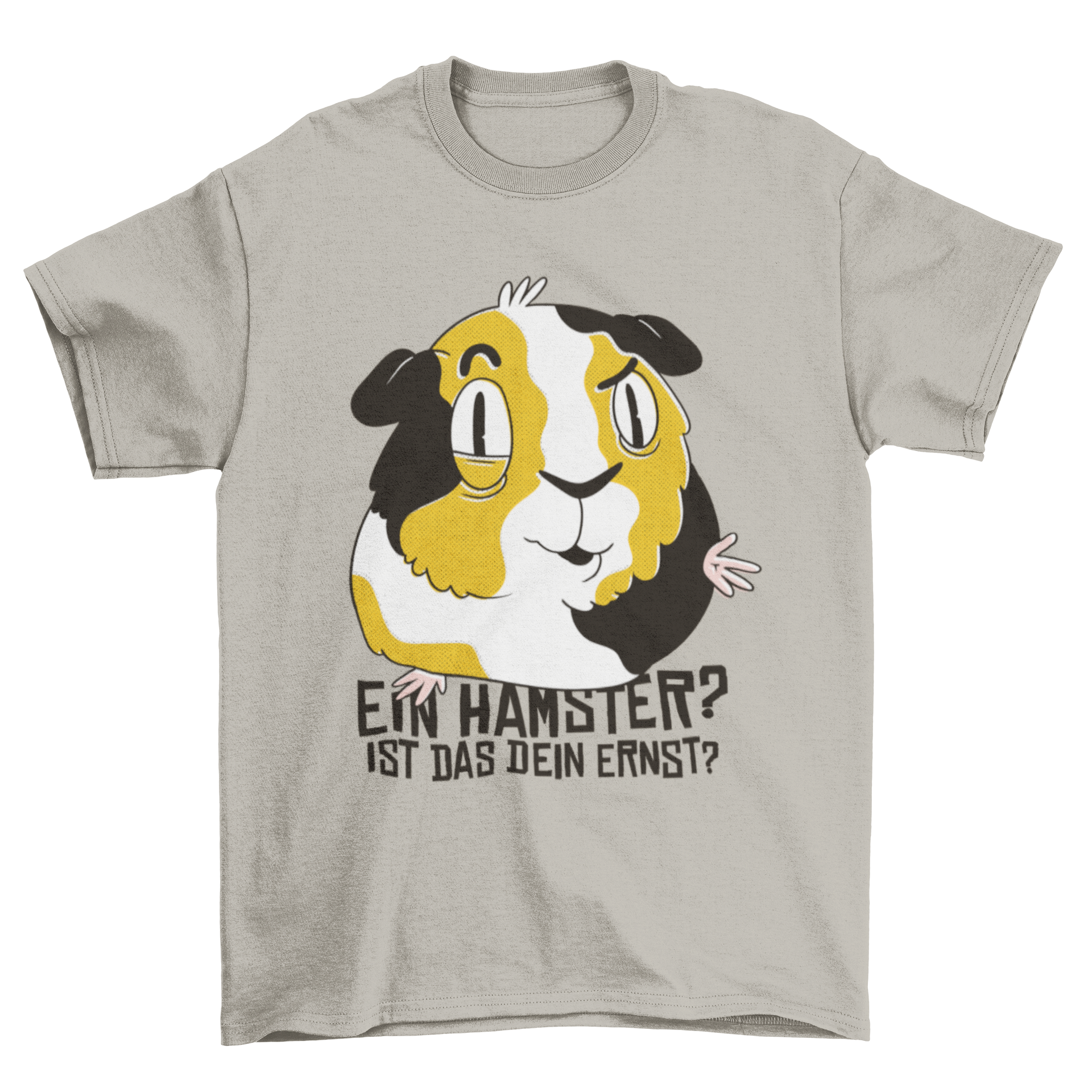 Cute t-shirt featuring a guinea pig illustration and a humorous German quote about hamsters.