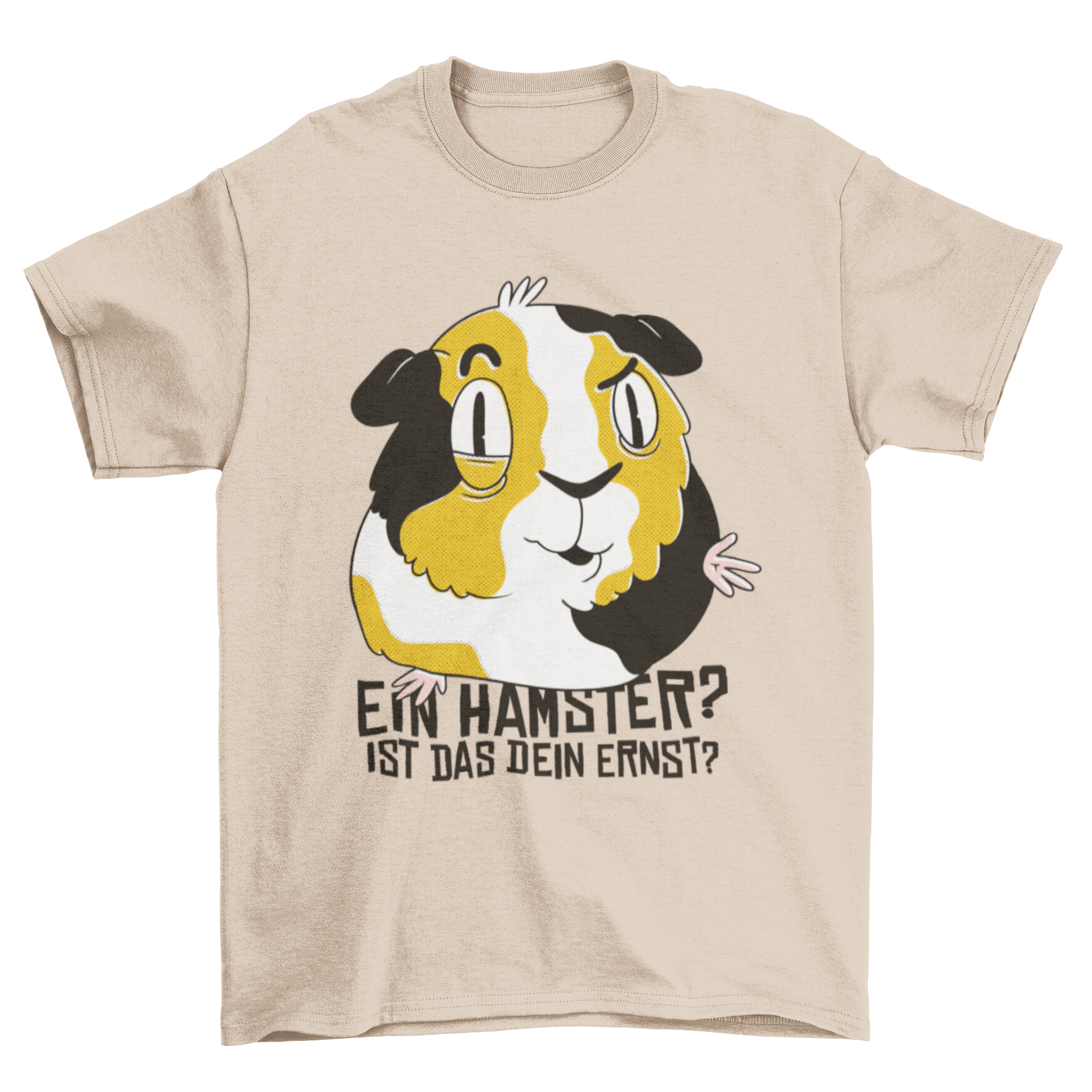 Cute t-shirt featuring a guinea pig illustration and a humorous German quote about hamsters.