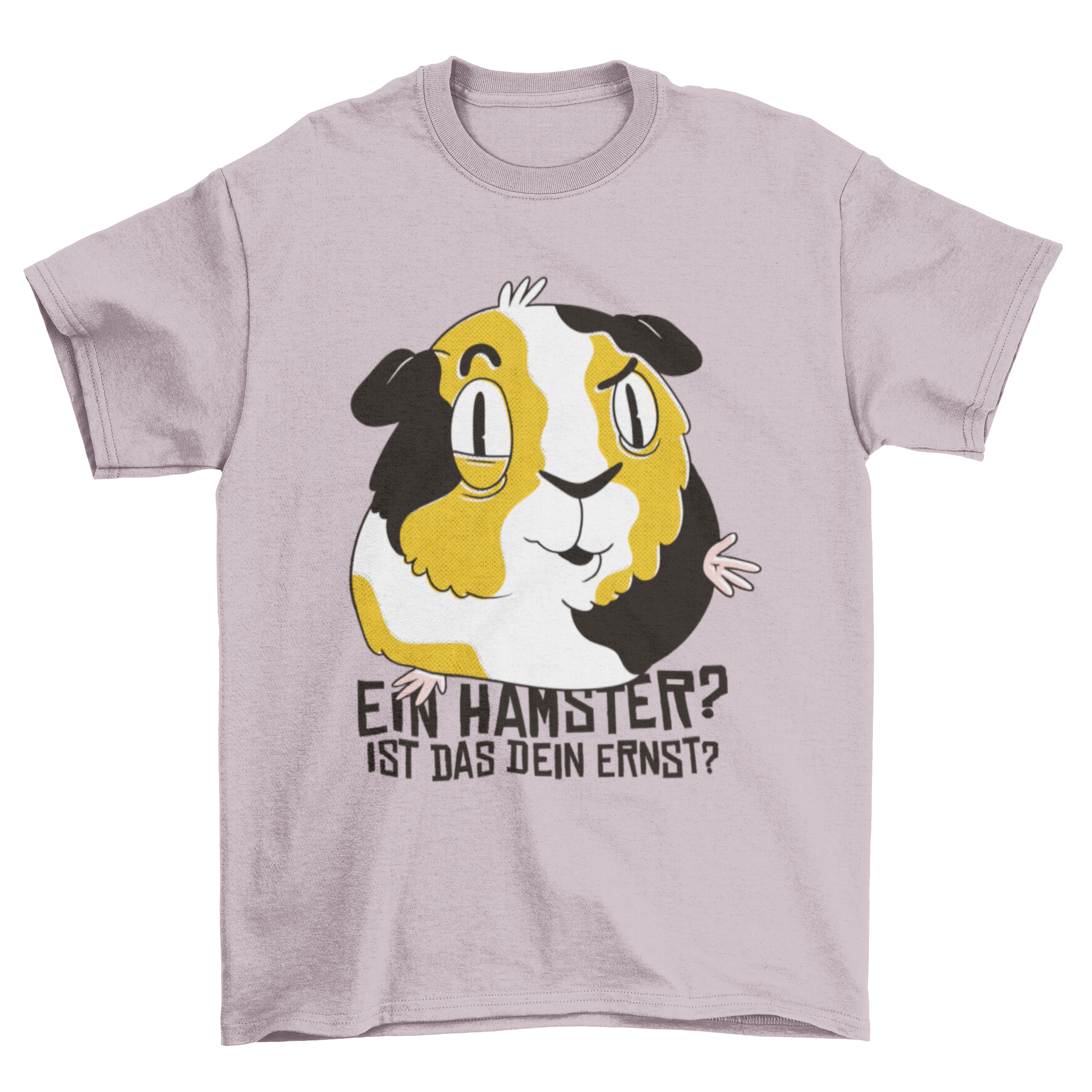Cute t-shirt featuring a guinea pig illustration and a humorous German quote about hamsters.