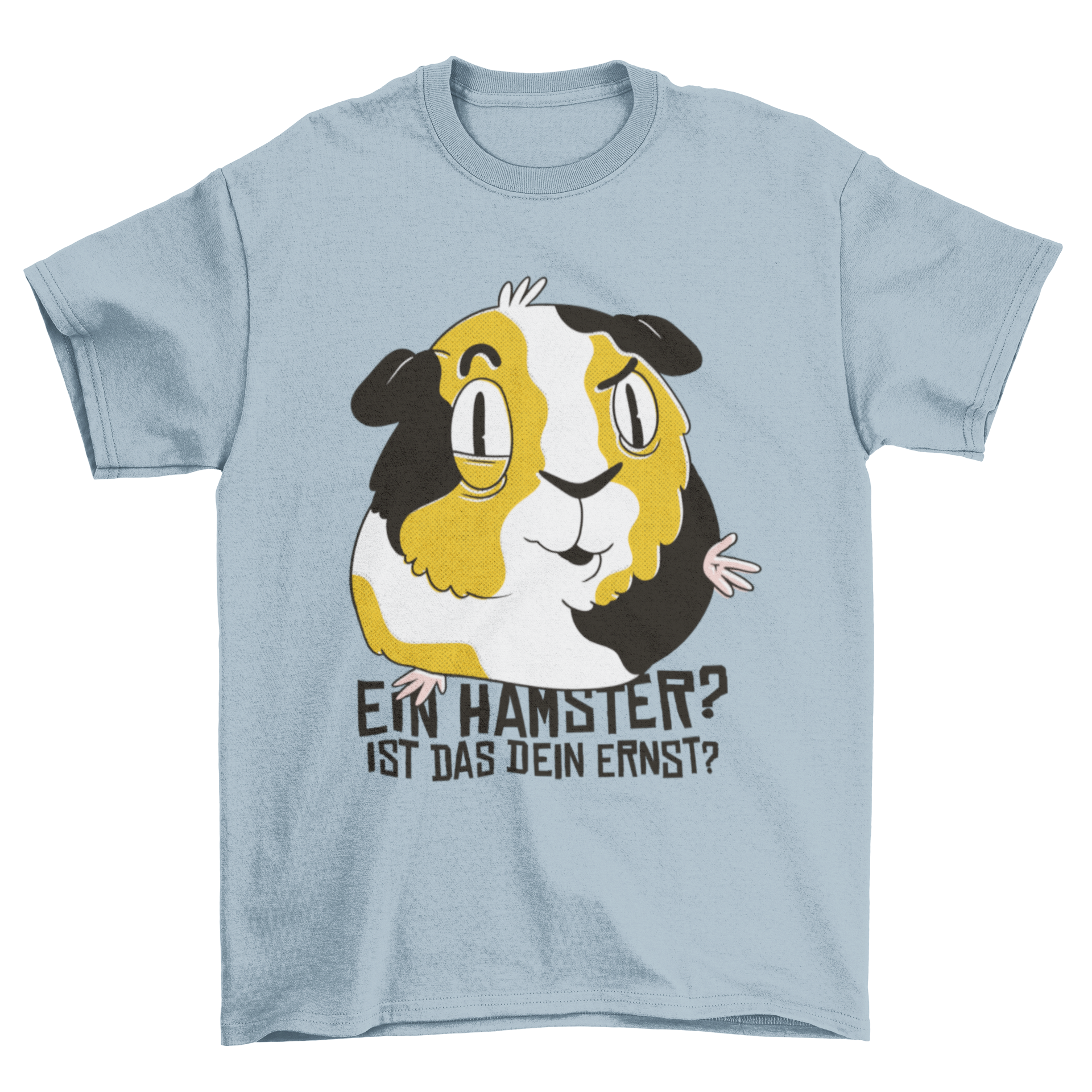 Cute t-shirt featuring a guinea pig illustration and a humorous German quote about hamsters.