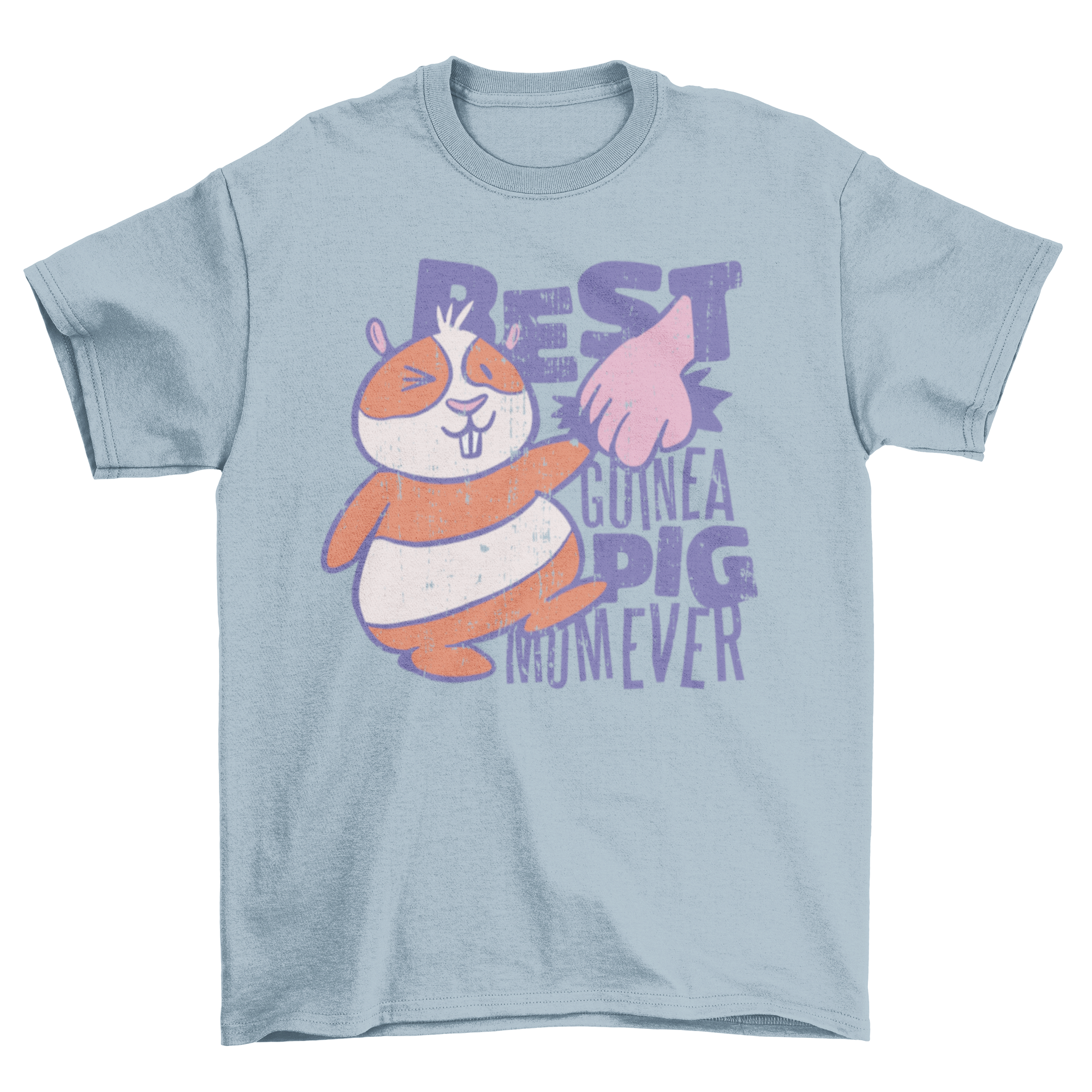 A cute cartoon t-shirt featuring a guinea pig holding a human hand with the quote 'Best guinea pig mom ever'.