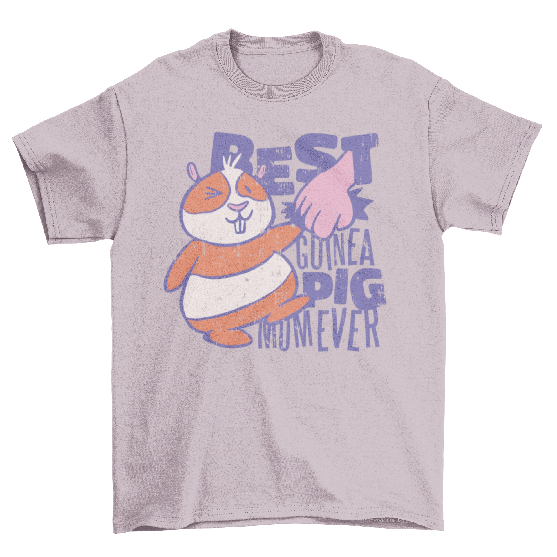 A cute cartoon t-shirt featuring a guinea pig holding a human hand with the quote 'Best guinea pig mom ever'.