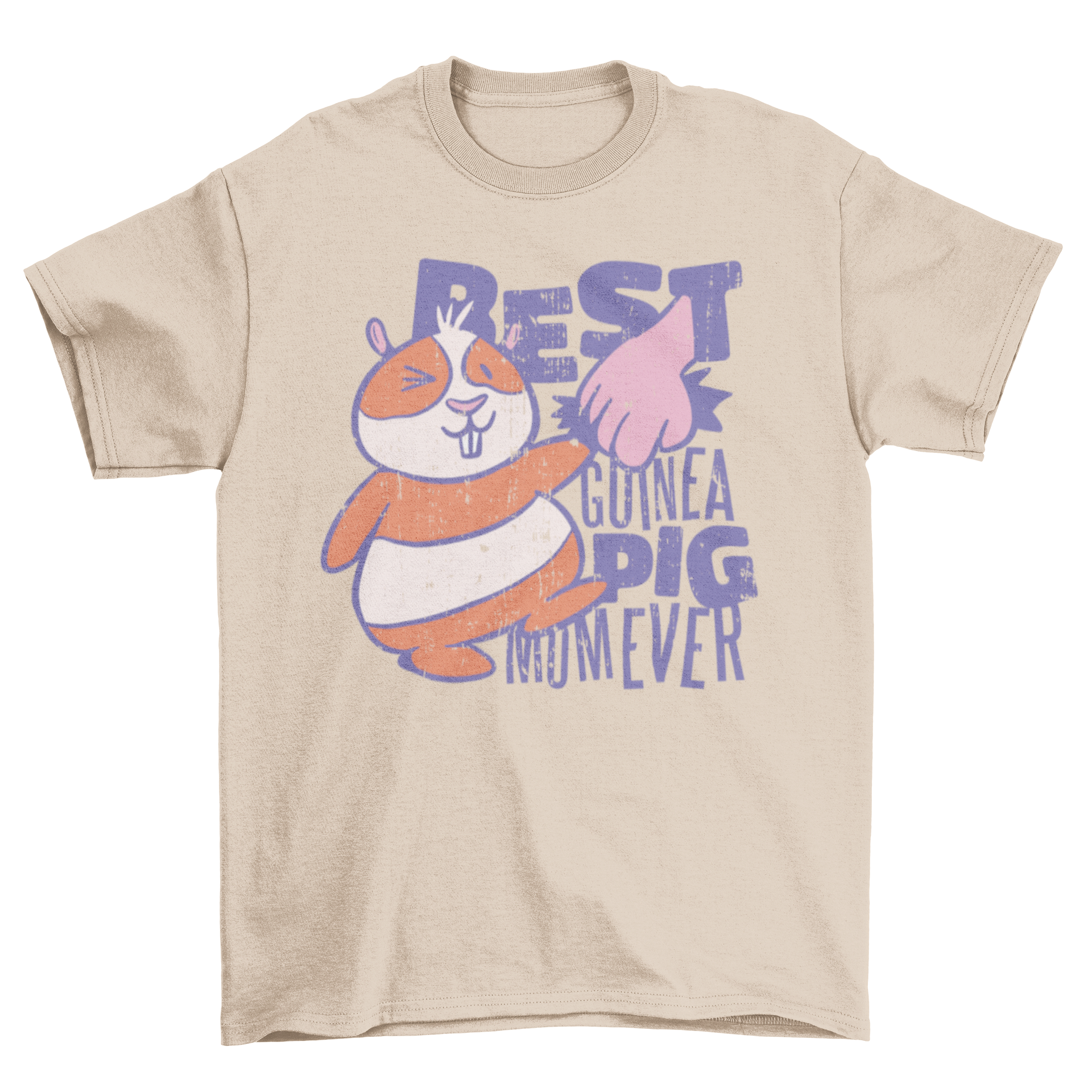 A cute cartoon t-shirt featuring a guinea pig holding a human hand with the quote 'Best guinea pig mom ever'.