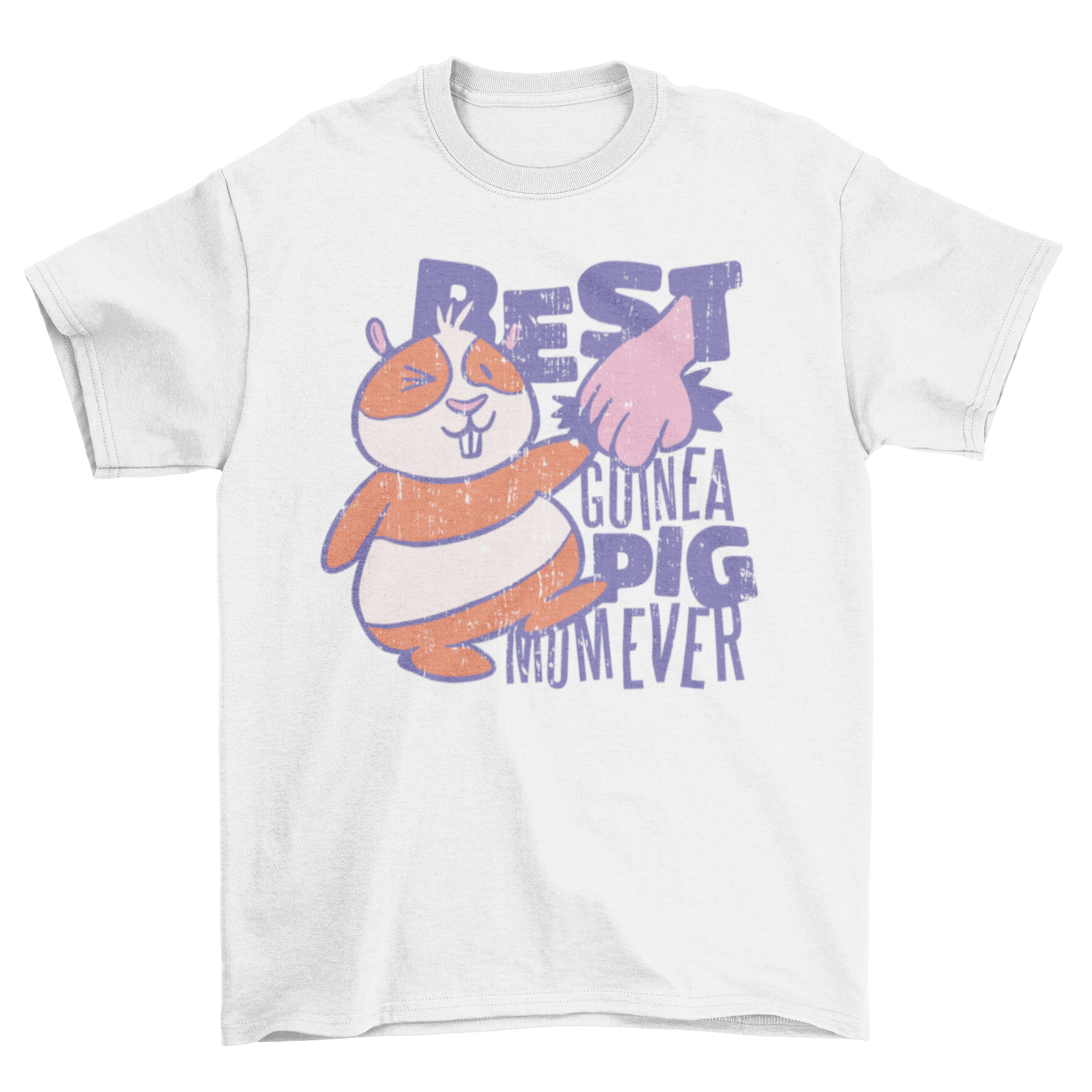 A cute cartoon t-shirt featuring a guinea pig holding a human hand with the quote 'Best guinea pig mom ever'.